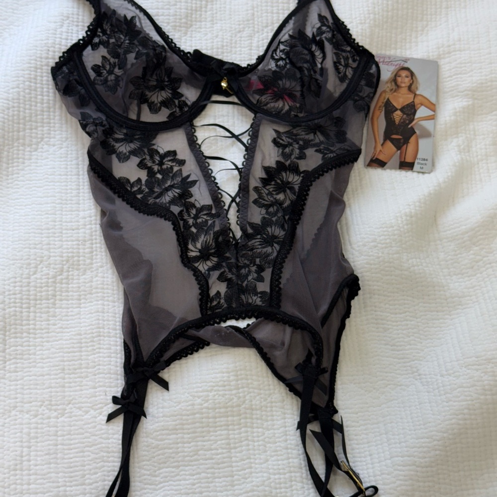 Embroidered Sheer Lace Garter Bodysuit - Black